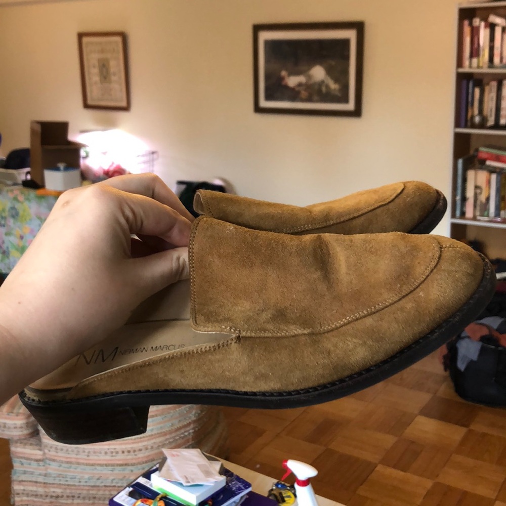Neiman Marcus camel suede slides. Great for work!